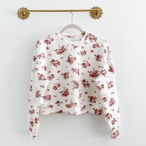 Altar'd State White Floral Cropped Sweatshirt with Pink & Red Roses